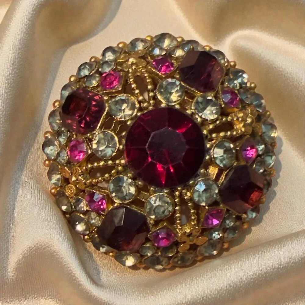 Capri Rhinestone Dome Brooch Gold Tone Deep Garnet Pink Statement – 1.9”